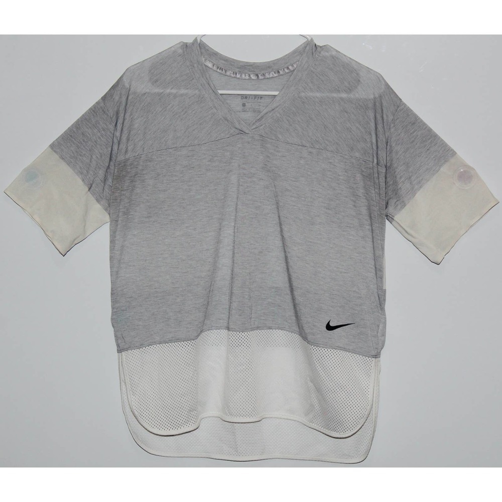 Womens Nike Breathe Mesh T-Shirt 876157 Gray White Short Sleeve Tee Shirt Size S